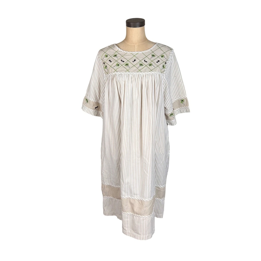 Bechamel Petites Tan White Striped Palm Tree Embroidered Cotton Muumuu Dress PL